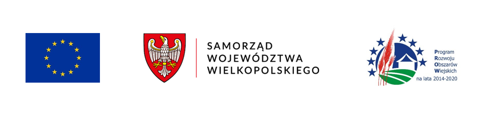 Logo Unii Europejskiej, Samorządu Województwa Wielkopolskiego oraz Programu Rozwoju Obszarów Wiejskich 2014-2020